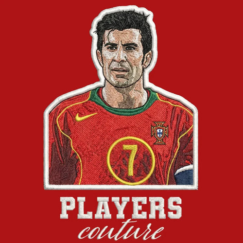 Luis Figo Badge Men's Hoodie – red close-up detail shot of the Luis Figo Players Couture logo design