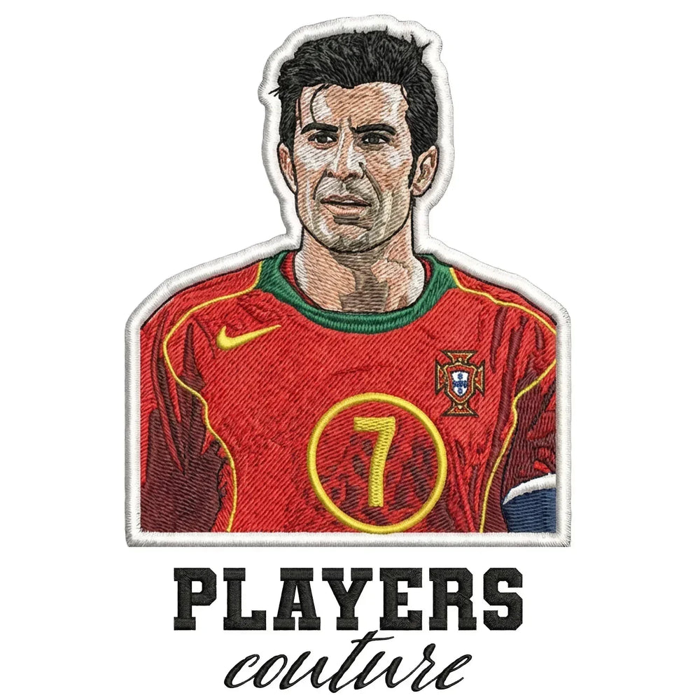 Luis Figo Badge Men's Hoodie – white close-up detail shot of the Luis Figo Players Couture logo design