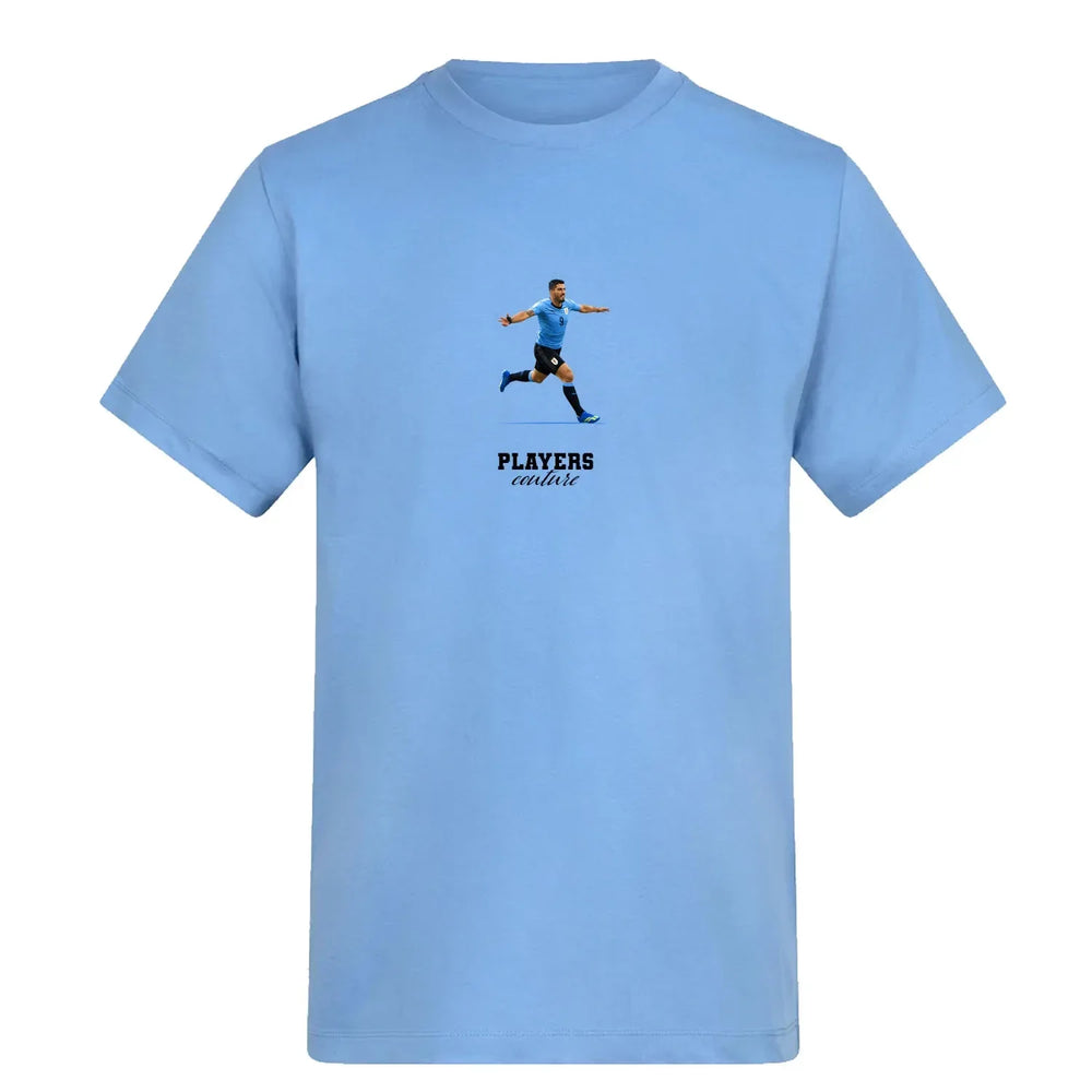 Luis Suarez Icon t-shirt – blue men's t-shirt with white Luis Suarez Icon letters and Players Couture logo on the chest