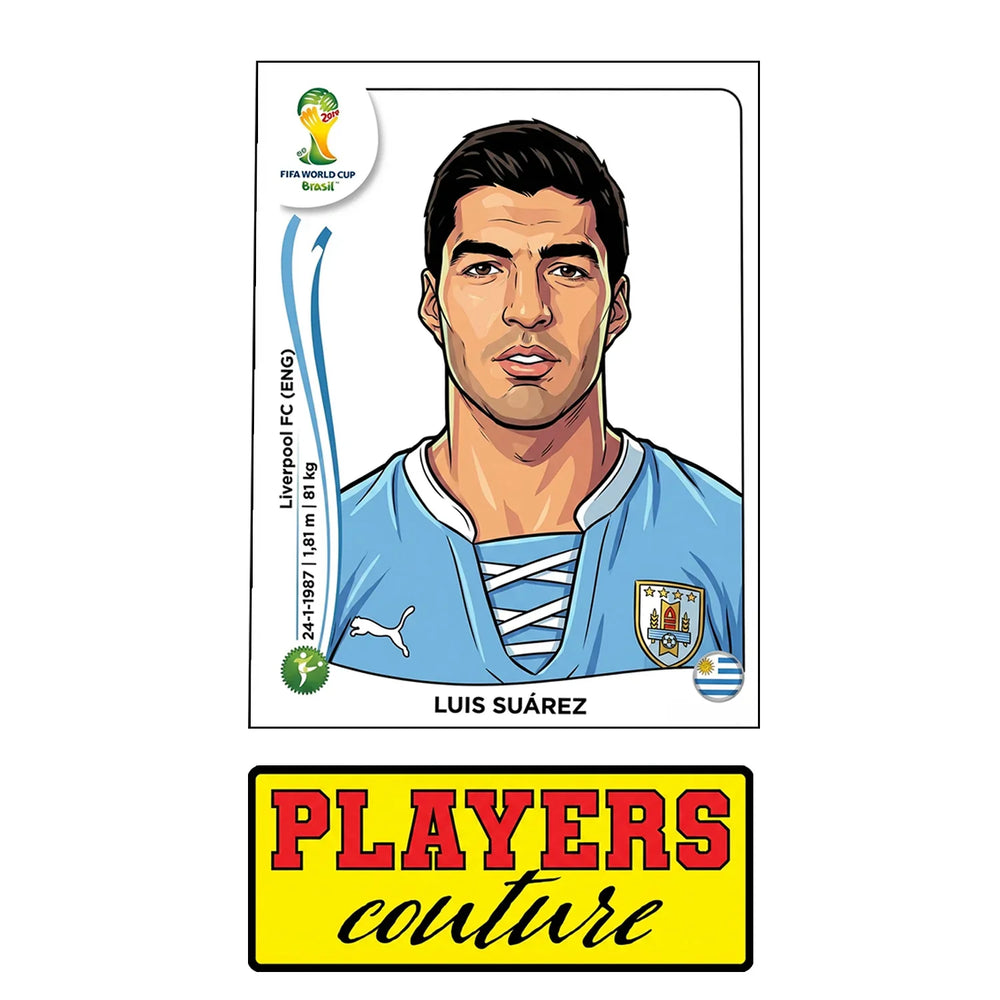 Luis Suarez World Cup Sticker Men's T-Shirt – close-up detail shot of the Luis Suarez World Cup Players Couture logo design