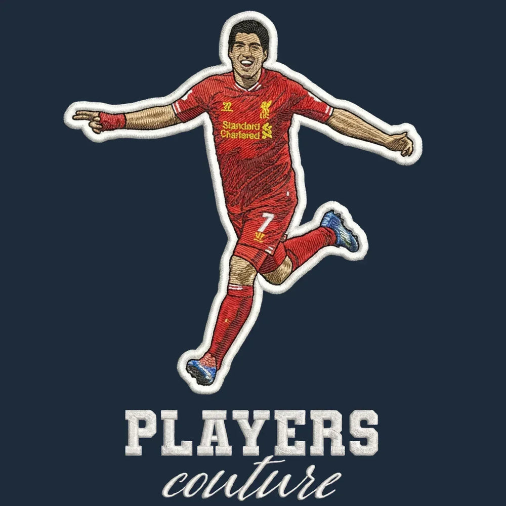 Luis Suarez Badge Men's Hoodie – navy close-up detail shot of the Luis Suarez Players Couture logo design