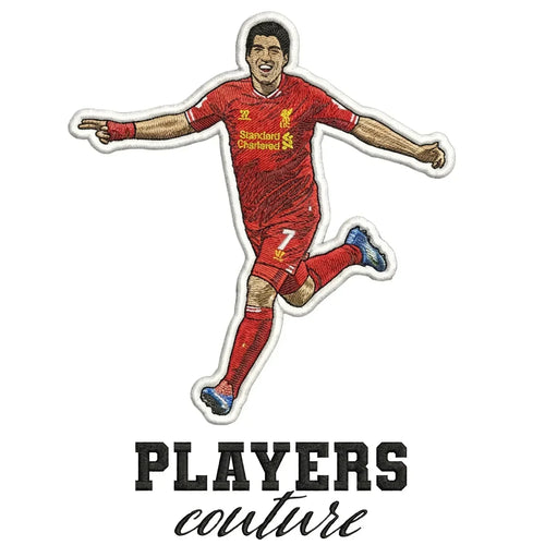 Luis Suarez Badge Men's Hoodie – white close-up detail shot of the Luis Suarez Players Couture logo design