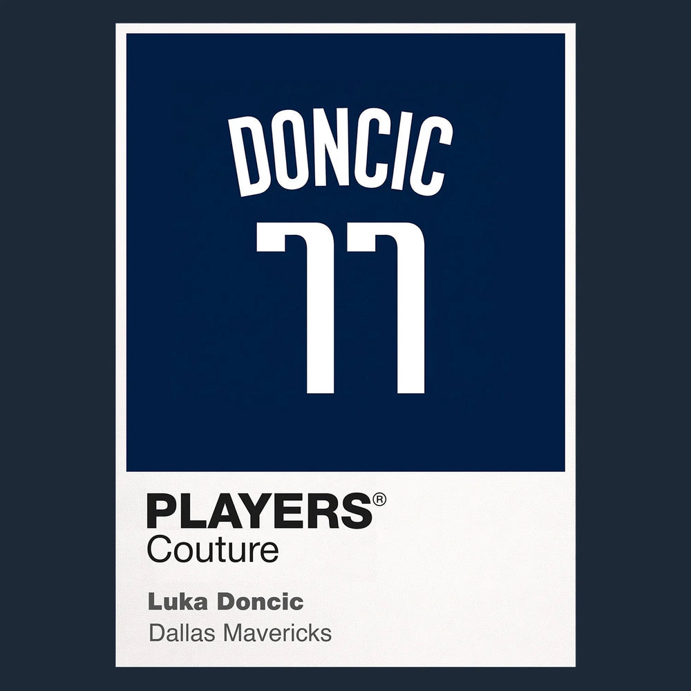 Luka Doncic 77 Jersey Frame Men's T-Shirt – navy close-up detail shot of the Luka Doncic 77 Players Couture logo design