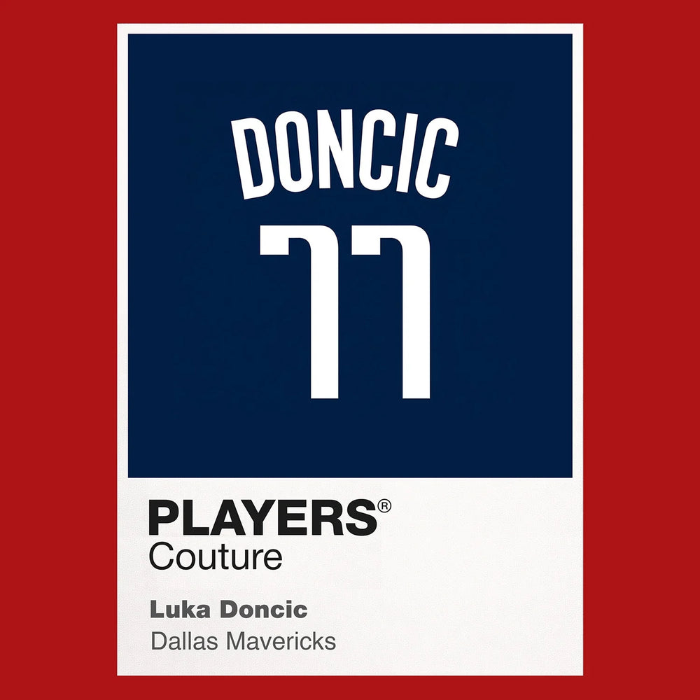 Luka Doncic 77 Jersey Frame Men's T-Shirt – red close-up detail shot of the Luka Doncic 77 Players Couture logo design