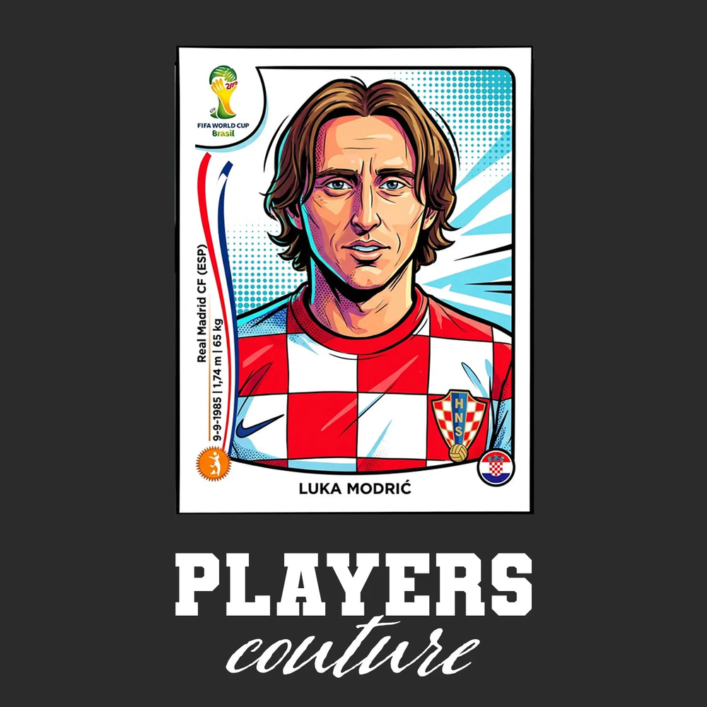 Luka Modric World Cup Sticker Men's T-Shirt – black close-up detail shot of the Luka Modric World Cup Players Couture logo
