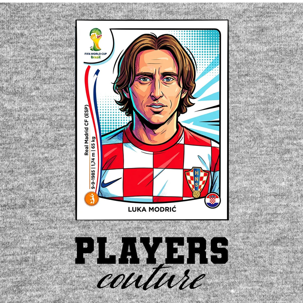 Luka Modric World Cup Sticker Men's T-Shirt – grey close-up detail shot of the Luka Modric World Cup Players Couture logo