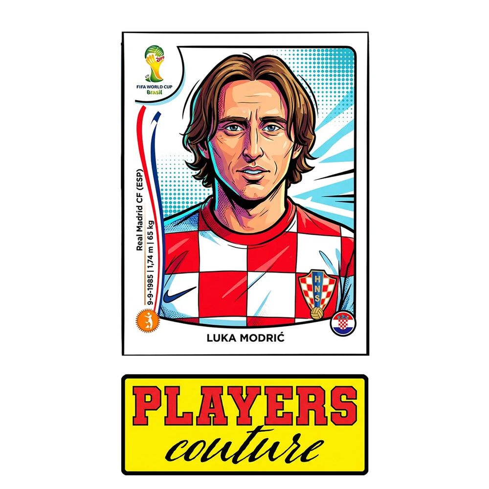 Luka Modric World Cup Sticker Men's T-Shirt – close-up detail shot of the Luka Modric World Cup Players Couture logo design