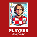 Luka Modric World Cup Sticker Men's T-Shirt – red close-up detail shot of the Luka Modric World Cup Players Couture logo