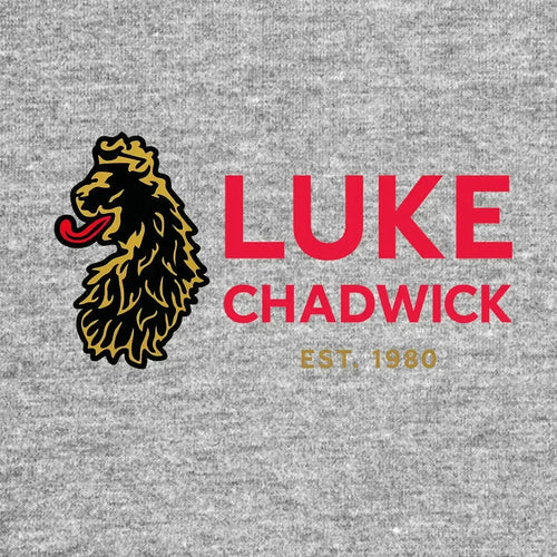 Luke Chadwick Logo Men's T-Shirt – grey close-up detail shot of the Luke Chadwick Players Couture logo design