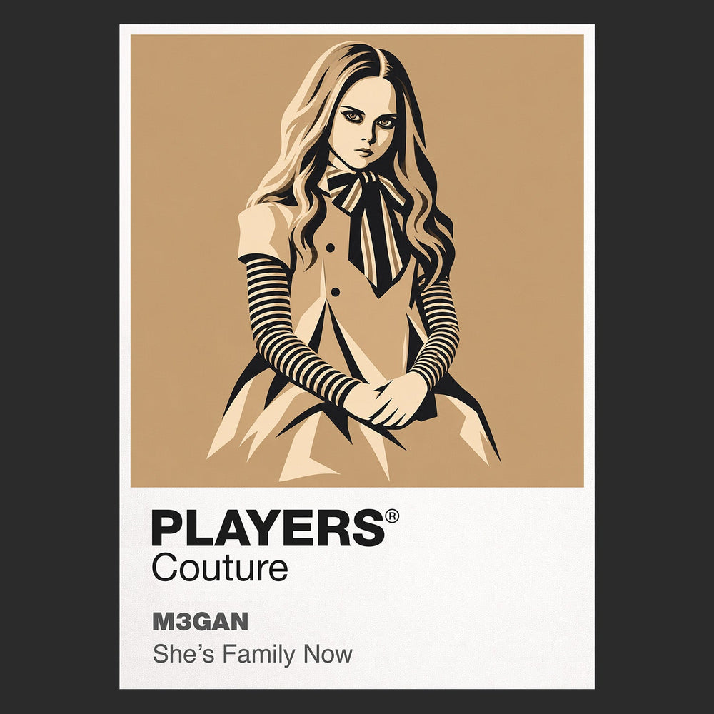 M3GAN the M3GAN android in bow, striped sleeves and poised dance stance Icon Frame artwork in black