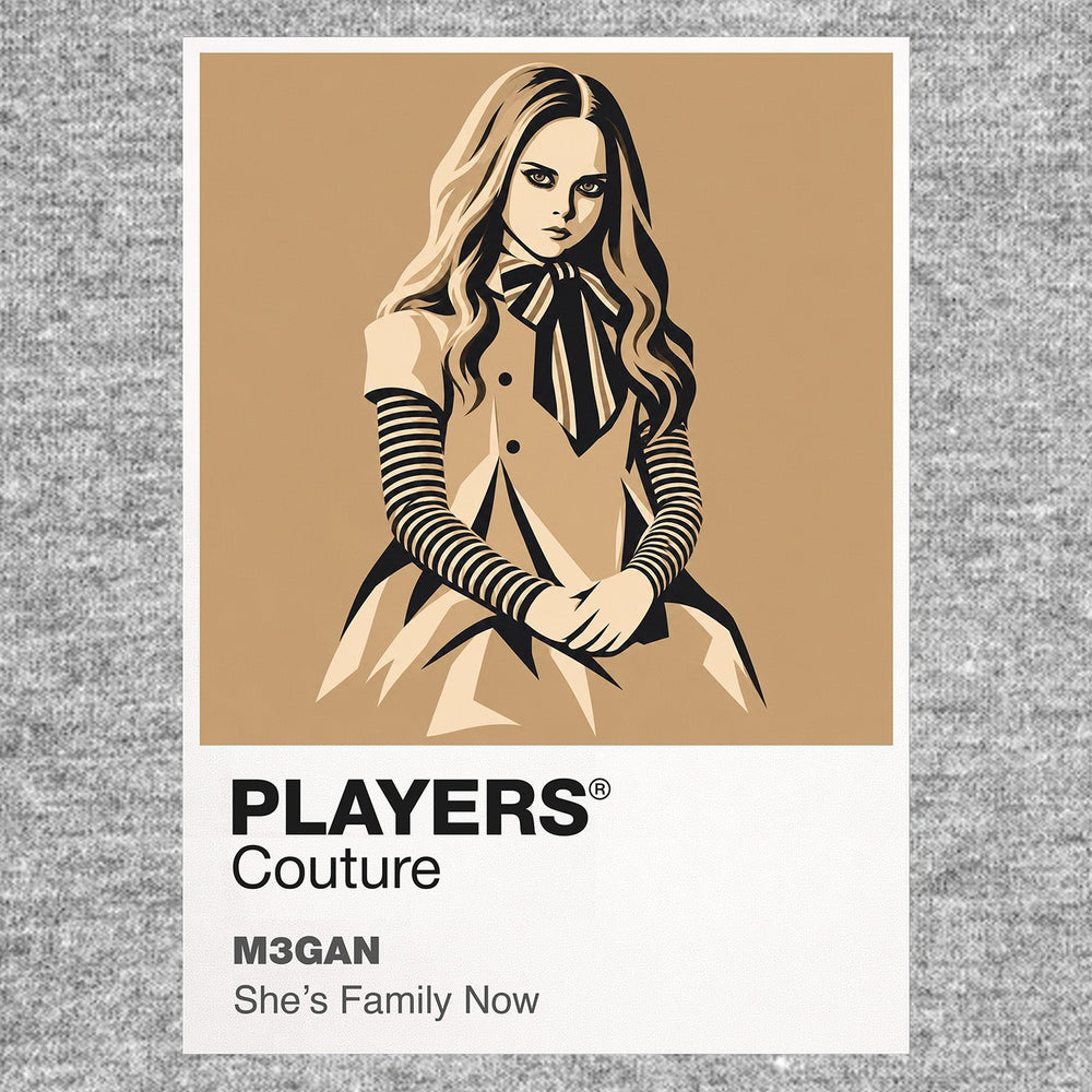 M3GAN the M3GAN android in bow, striped sleeves and poised dance stance Icon Frame artwork in grey