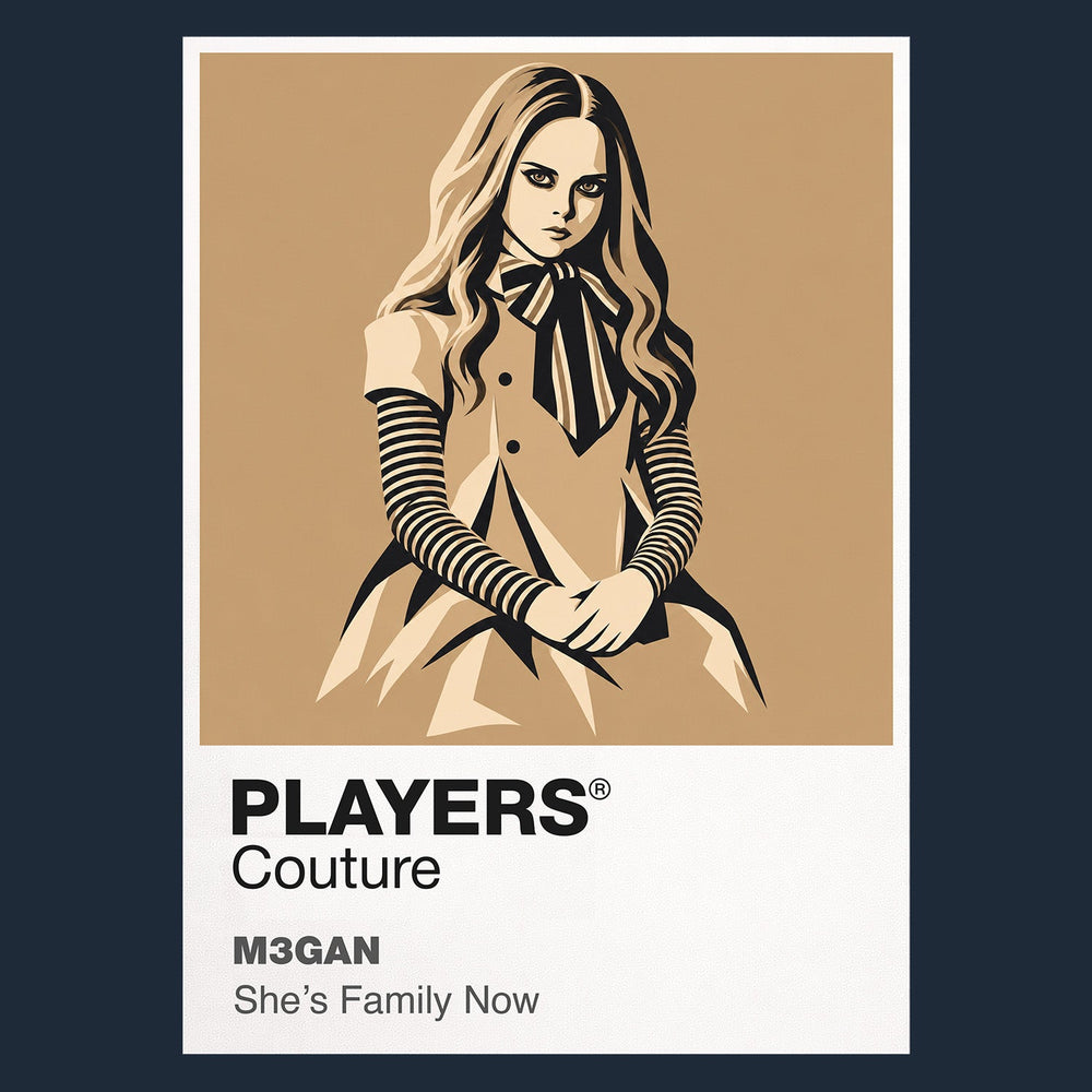 M3GAN the M3GAN android in bow, striped sleeves and poised dance stance Icon Frame artwork in navy