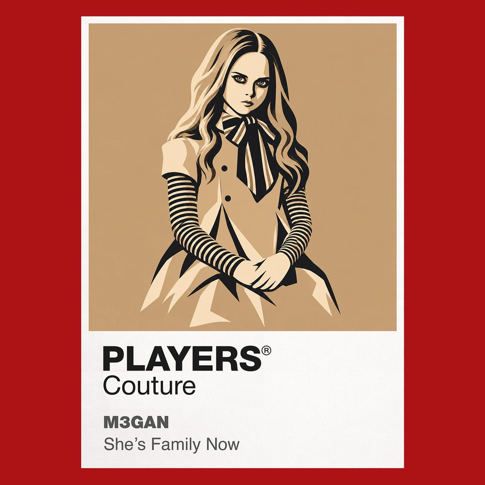 M3GAN the M3GAN android in bow, striped sleeves and poised dance stance Icon Frame artwork in red