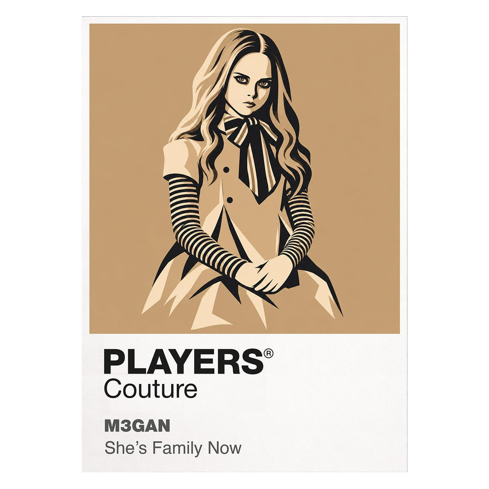 M3GAN the M3GAN android in bow, striped sleeves and poised dance stance Icon Frame artwork on white