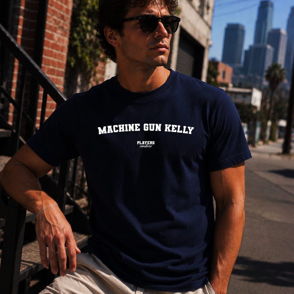 Machine Gun Kelly Men's T-Shirt — lifestyle photo, Navy t-shirt