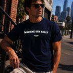 Machine Gun Kelly Men's T-Shirt — lifestyle photo, Navy t-shirt