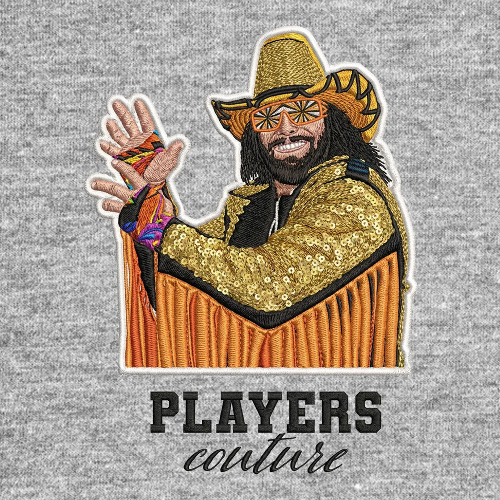 Macho Man Randy Savage Badge Men's Hoodie – black close-up detail shot of the Macho Man Randy Savage Players Couture logo