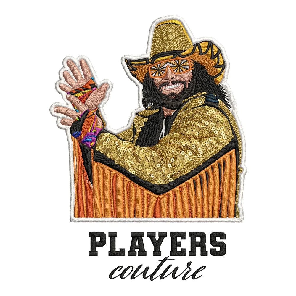Macho Man Randy Savage Badge Men's Hoodie – black close-up detail shot of the Macho Man Randy Savage Players Couture logo