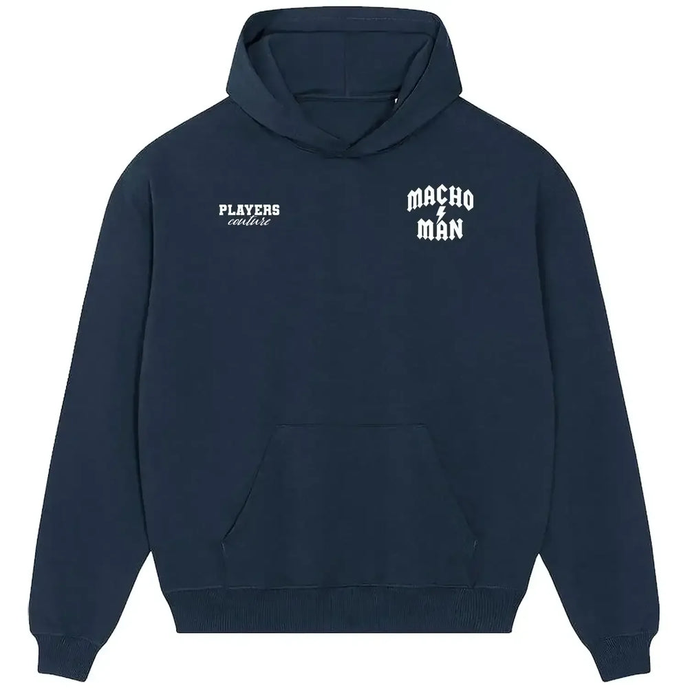 Macho Man Randy Savage hoodie – navy men's hoodie featuring the Macho Man Randy Savage Players Couture logo