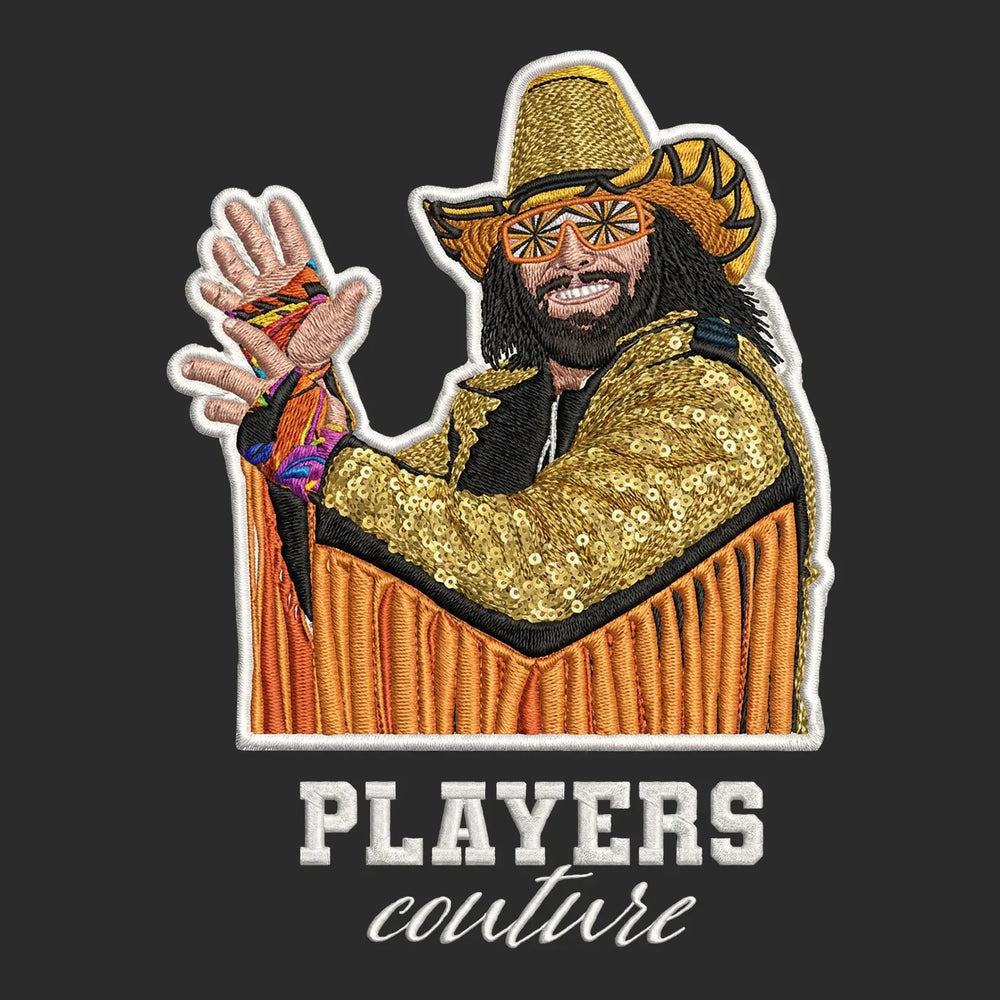 Macho Man Randy Savage Badge Men's Hoodie – white close-up detail shot of the Macho Man Randy Savage Players Couture logo