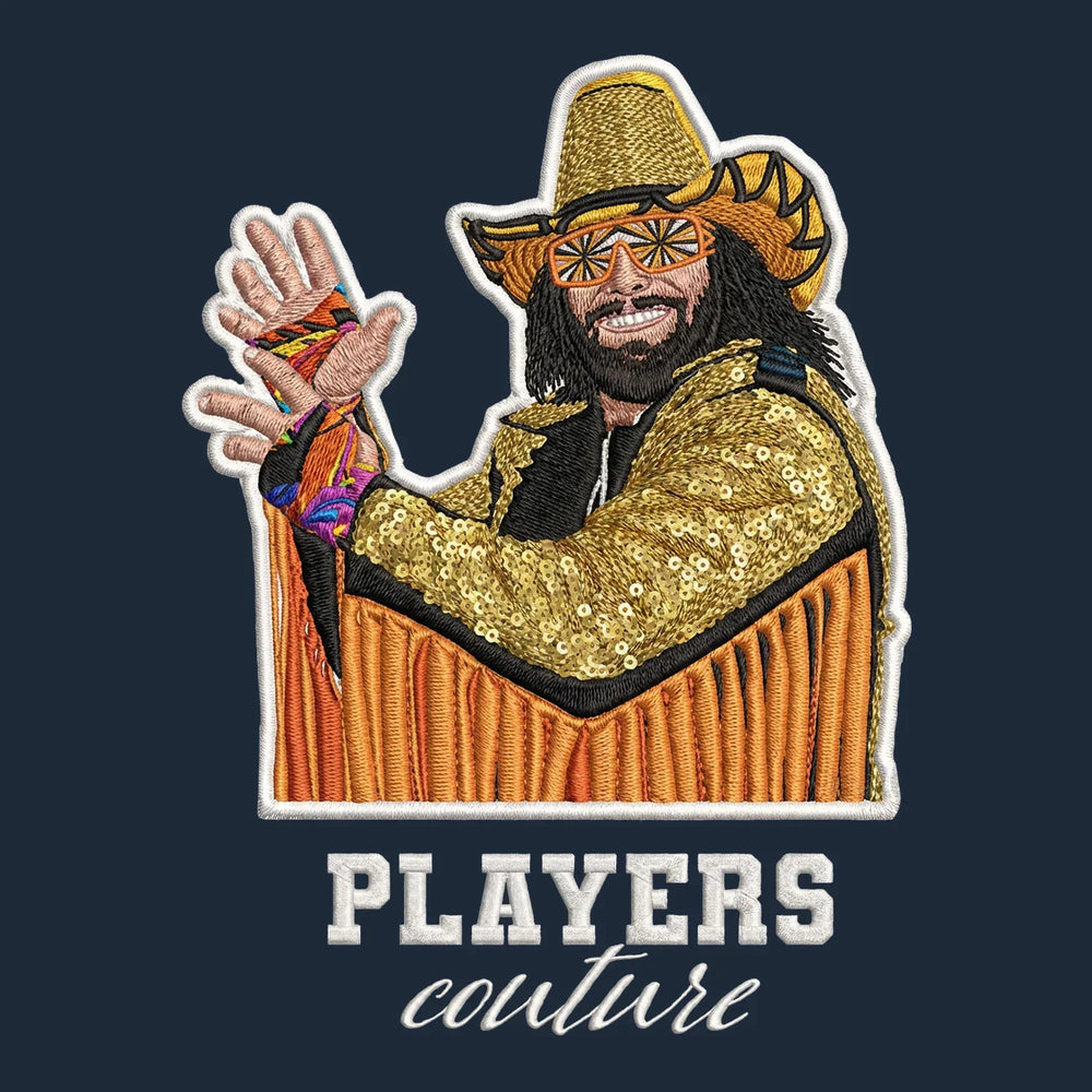 Macho Man Randy Savage Badge Men's Hoodie – white close-up detail shot of the Macho Man Randy Savage Players Couture logo