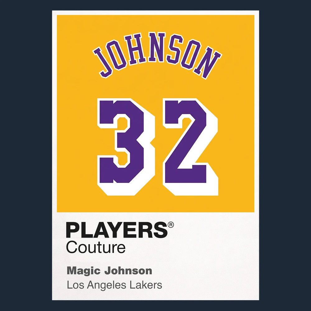 Magic Johnson 32 Yellow Jersey Frame Men's T-Shirt – navy close-up detail shot of the Magic Johnson 32 Yellow Players