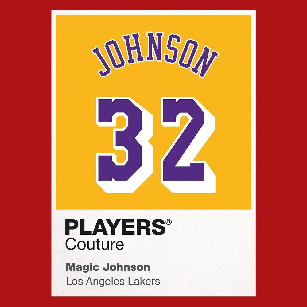 Magic Johnson 32 Yellow Jersey Frame Men's T-Shirt – red close-up detail shot of the Magic Johnson 32 Yellow Players Couture