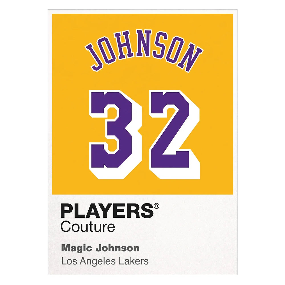 Magic Johnson 32 Yellow Jersey Frame Men's T-Shirt – white close-up detail shot of the Magic Johnson Players Couture logo