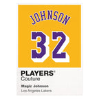 Magic Johnson 32 Yellow Jersey Frame Men's T-Shirt – white close-up detail shot of the Magic Johnson Players Couture logo