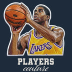 Magic Johnson Badge Men's T-Shirt – navy close-up detail shot of the Magic Johnson Players Couture logo design