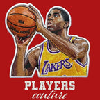 Magic Johnson Badge Men's T-Shirt – red close-up detail shot of the Magic Johnson Players Couture logo design
