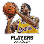 Magic Johnson Badge Men's T-Shirt – white close-up detail shot of the Magic Johnson Players Couture logo design