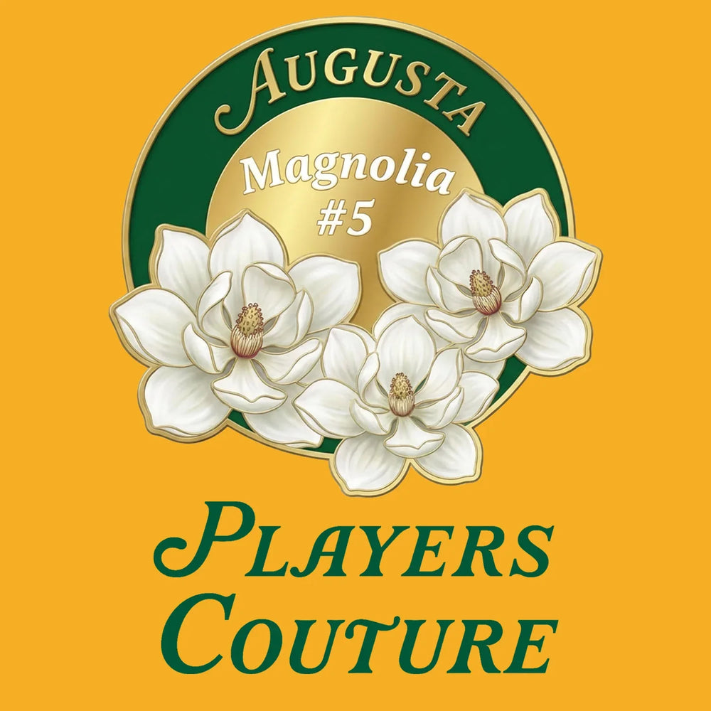 Magnolia Augusta Golf Ball Marker t-shirt – close-up of white Magnolia Augusta Golf Ball Marker lettering and Players