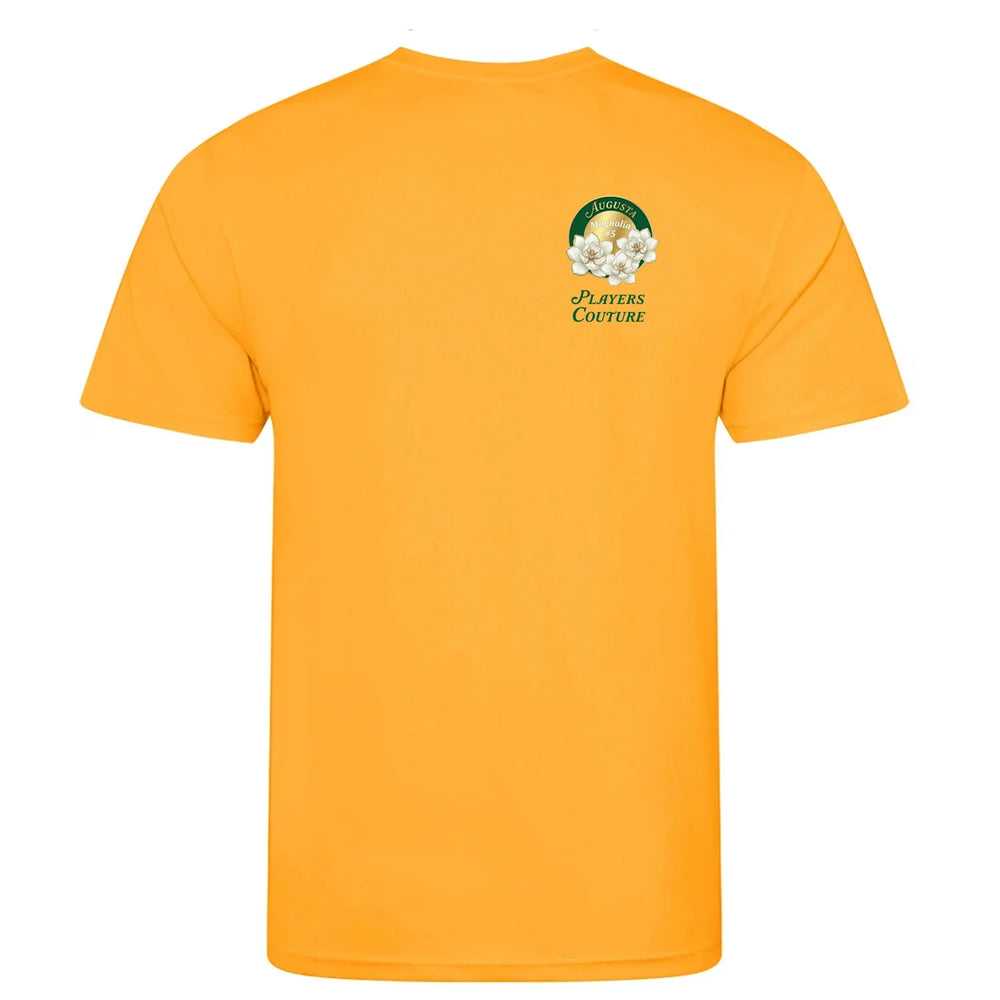 Magnolia Augusta Golf Ball Marker t-shirt – close-up of white Magnolia Augusta Golf Ball Marker lettering and Players