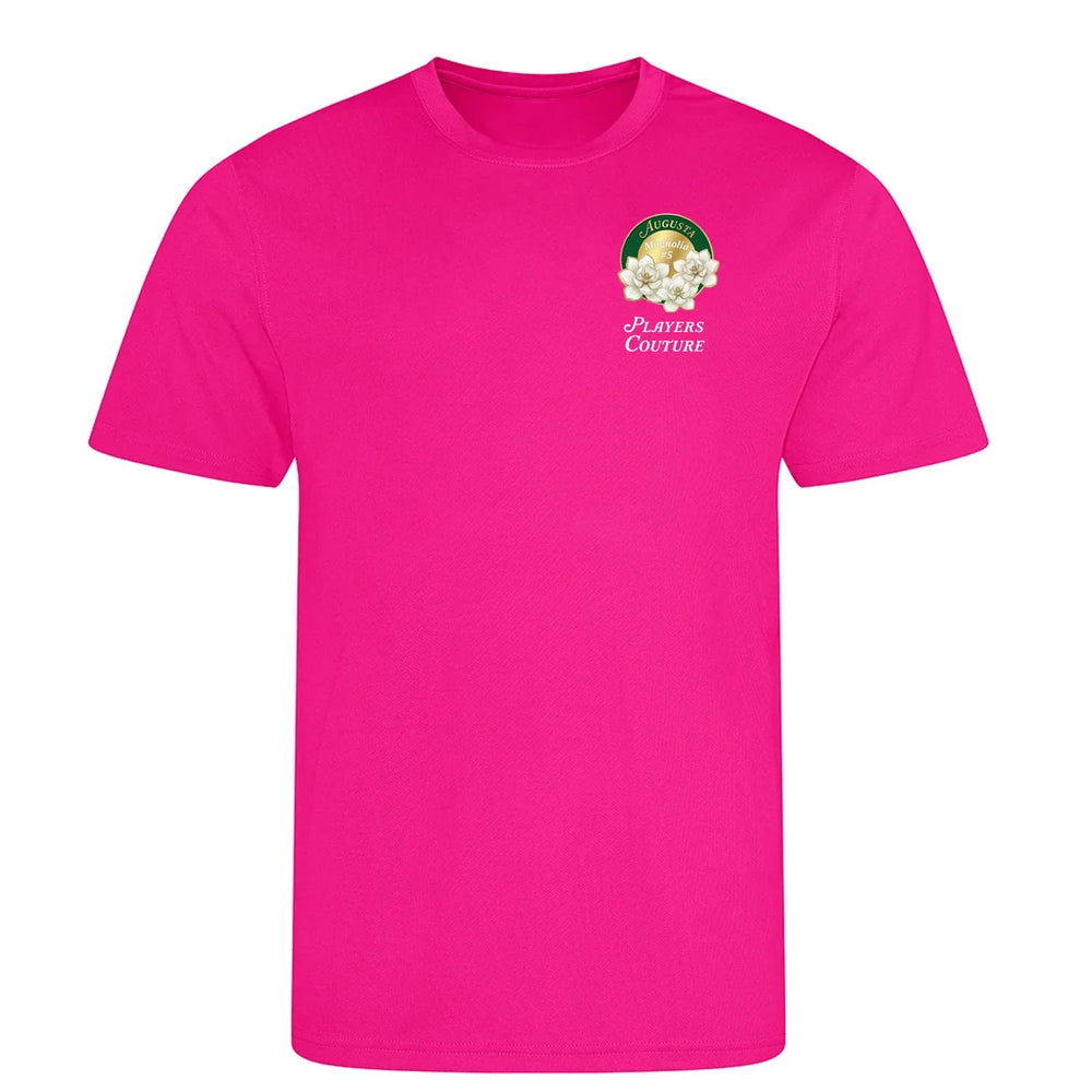 Magnolia Augusta Golf Ball Marker t-shirt – pink men's t-shirt with black Magnolia Augusta Golf Ball Marker letters and