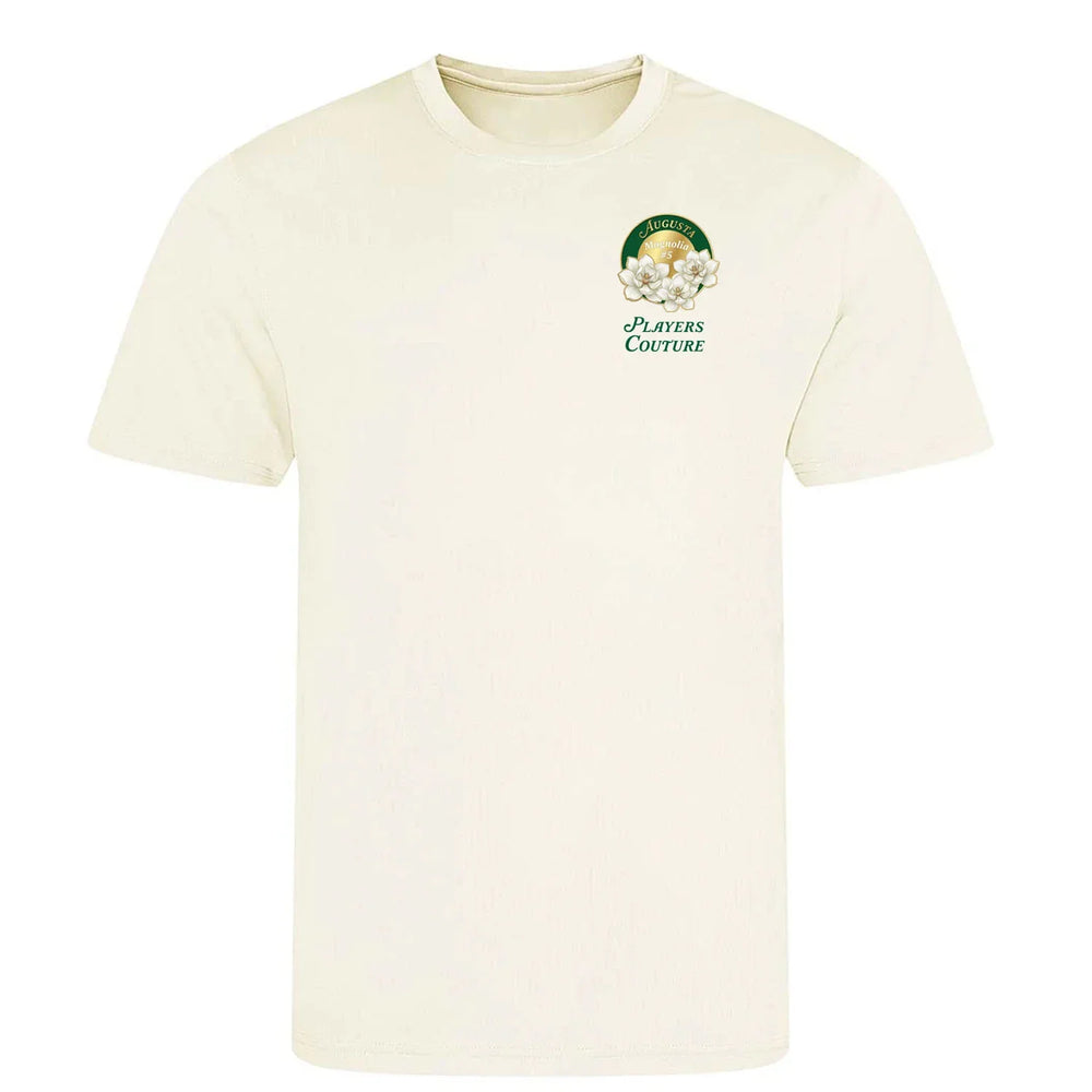 Magnolia Augusta Golf Ball Marker t-shirt – close-up of white Magnolia Augusta Golf Ball Marker lettering and Players