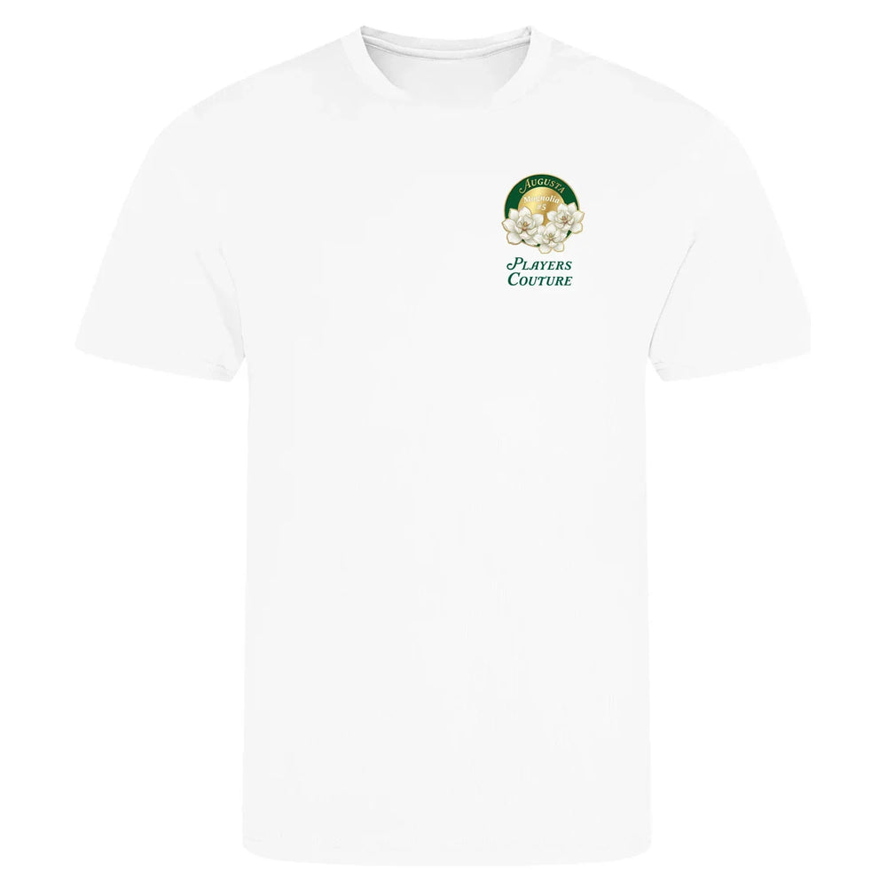 Magnolia Augusta Golf Ball Marker t-shirt – white men's t-shirt with black Magnolia Augusta Golf Ball Marker letters and