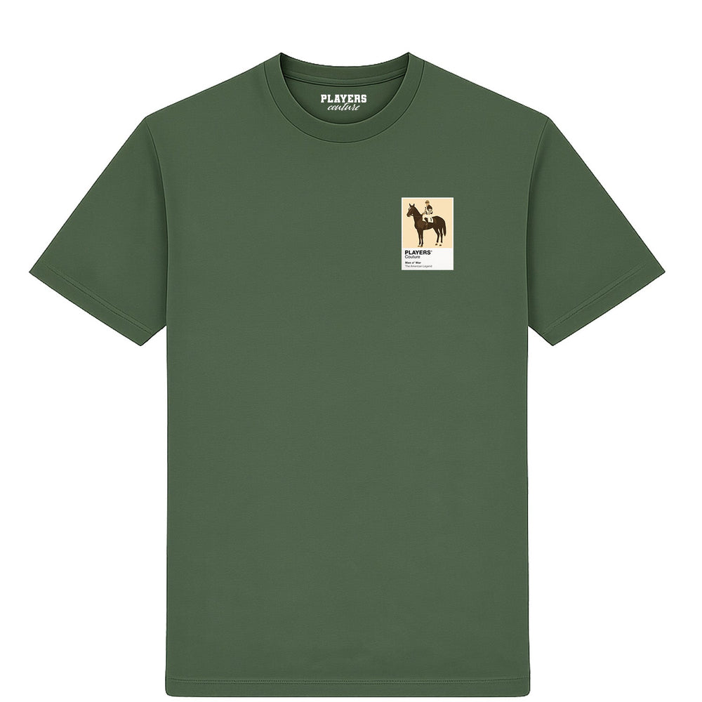 Man o’ War horse racing T-shirt – mens earthy green tshirt view