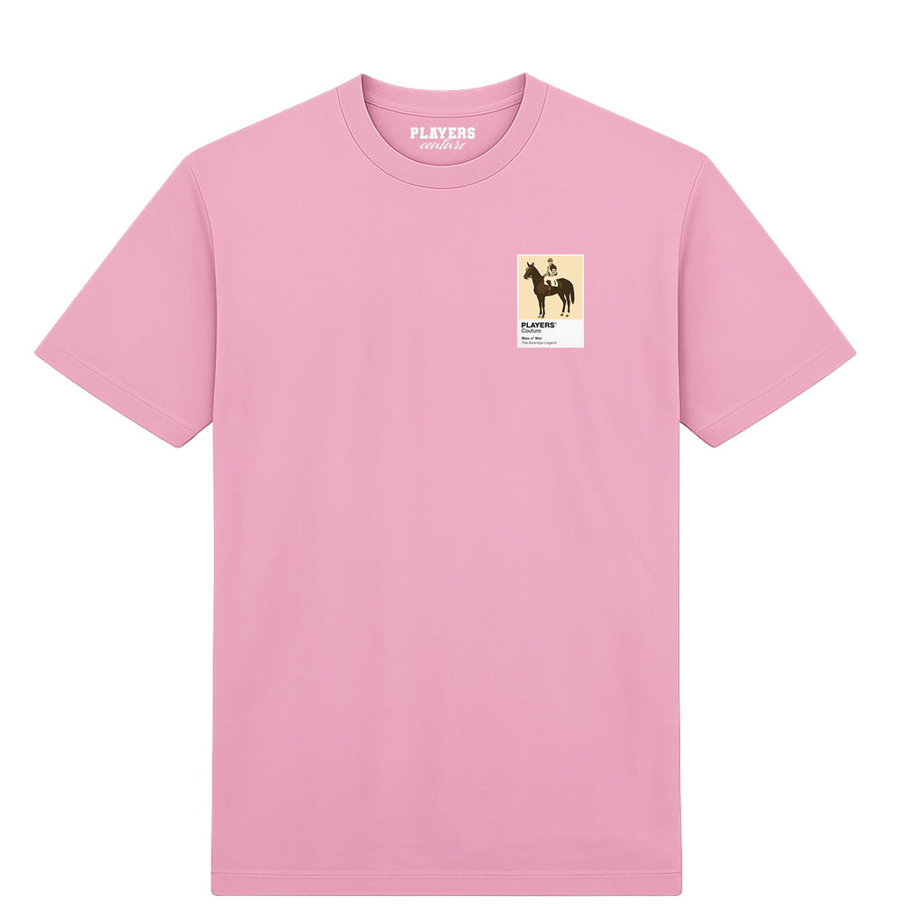 Man o’ War horse racing T-shirt – mens pink tshirt view