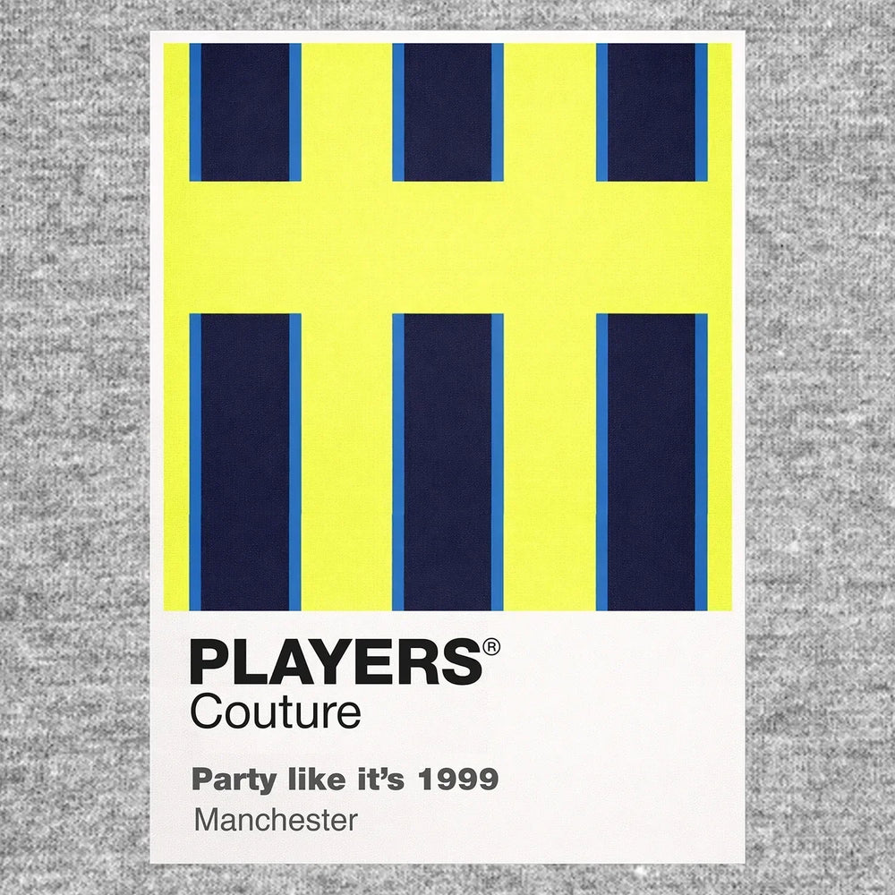 Manchester City Away 1999 Classic Football Shirt Colours Frame Men's T-Shirt – grey close-up detail shot of the Manchester