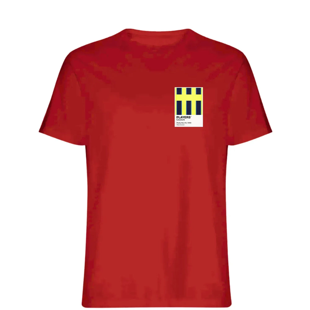 Manchester City Away 1999 t-shirt – red men's t-shirt featuring the Manchester City Away 1999 Players Couture logo
