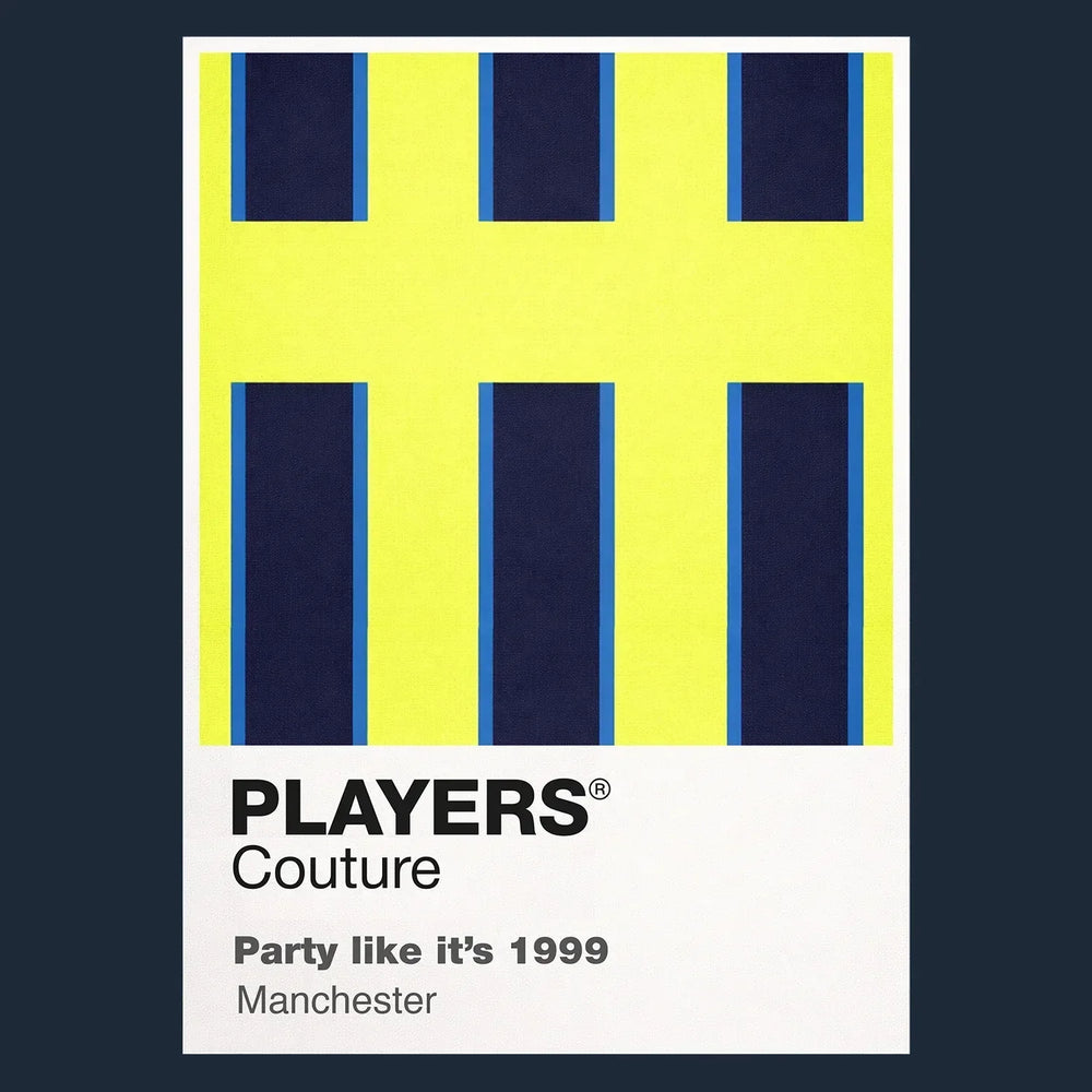 Manchester City Away 1999 Classic Football Shirt Colours Frame Men's T-Shirt – navy close-up detail shot of the Manchester