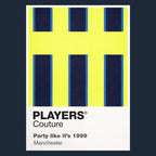 Manchester City Away 1999 Classic Football Shirt Colours Frame Men's T-Shirt – navy close-up detail shot of the Manchester
