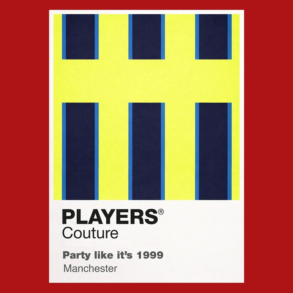 Manchester City Away 1999 Classic Football Shirt Colours Frame Men's T-Shirt – red close-up detail shot of the Manchester