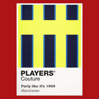 Manchester City Away 1999 Classic Football Shirt Colours Frame Men's T-Shirt – red close-up detail shot of the Manchester