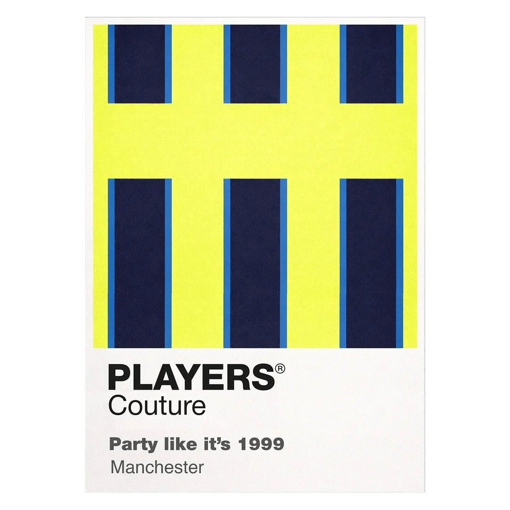 Manchester City Away 1999 Classic Football Shirt Colours Frame Men's T-Shirt – white close-up detail shot of the Manchester