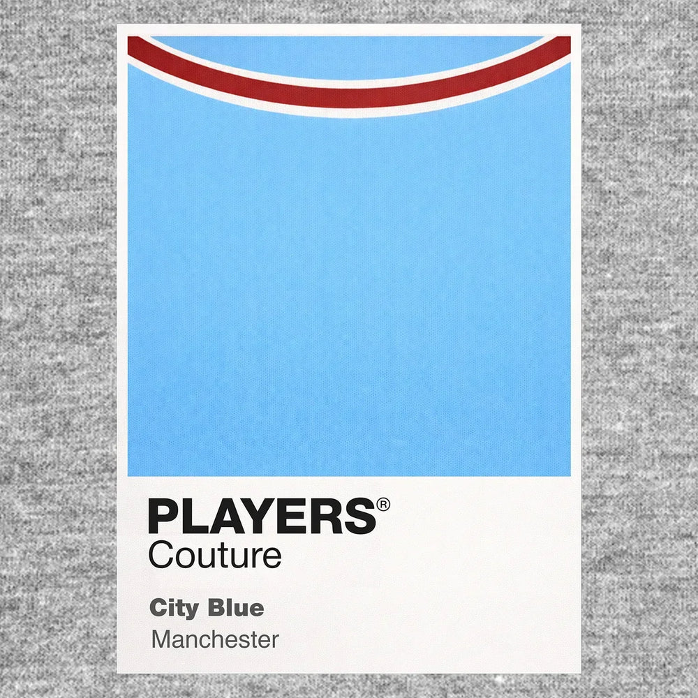 Manchester City Classic Football Shirt Colours Frame Men's T-Shirt – grey close-up detail shot of the Manchester City