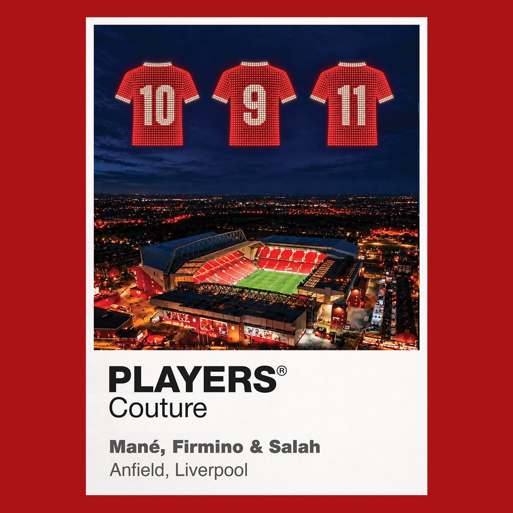 Sadio Mane Roberto Firmino and Mohamed Salah Liverpool Icons in Lights Frame artwork in red