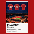 Sadio Mane Roberto Firmino and Mohamed Salah Liverpool Icons in Lights Frame artwork in red