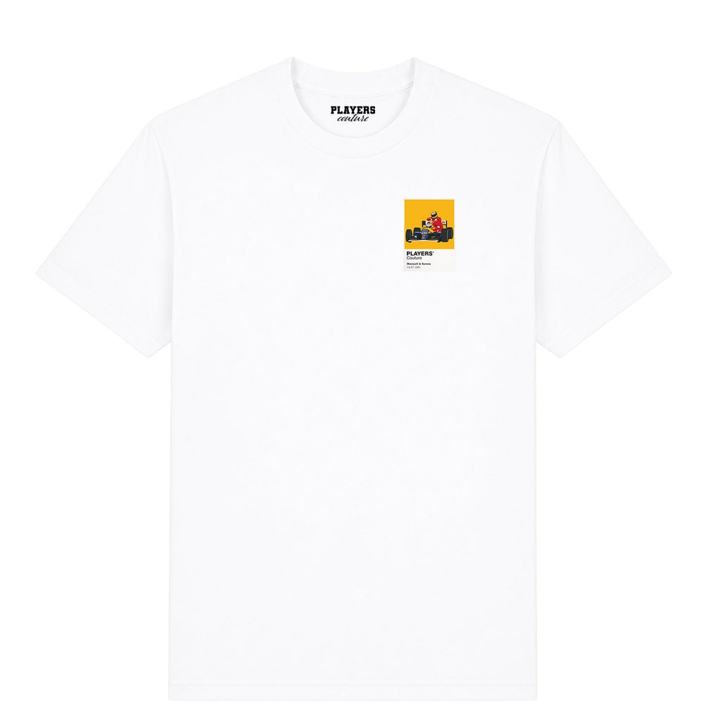 Mansell and Senna Taxi Formula 1 T-shirt – mens white tshirt view